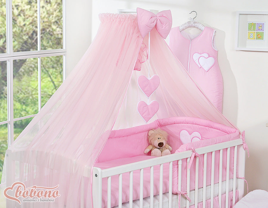 Bedding set 5-pcs with mosquito-net- Hanging Hearts pink