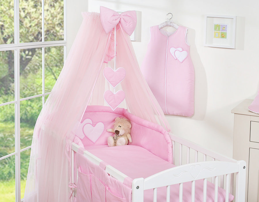 Bedding set 5-pcs with mosquito-net- Hanging Hearts pink