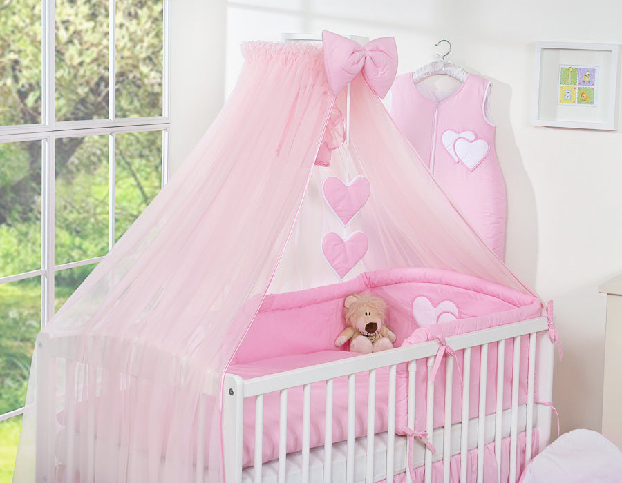 Bedding set 5-pcs with mosquito-net- Hanging Hearts pink