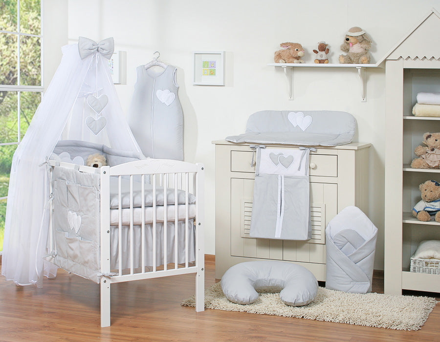 Bedding set 5-pcs with mosquito-net- Hanging Hearts grey