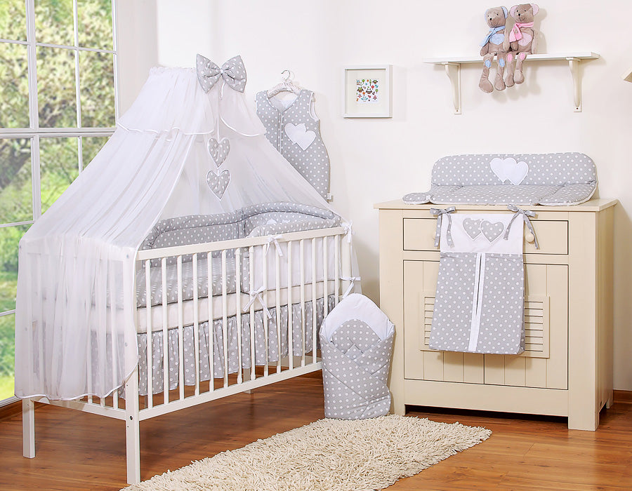 Bedding set 5-pcs with mosquito-net- Hanging Hearts white dots on grey