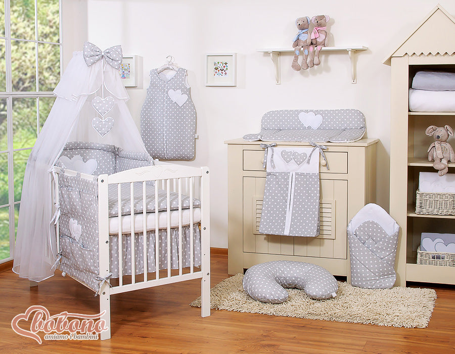 Bedding set 5-pcs with mosquito-net- Hanging Hearts white dots on grey
