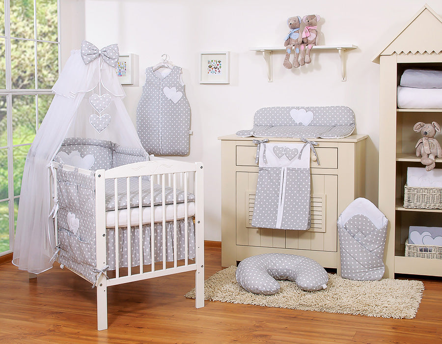 Bedding set 5-pcs with mosquito-net- Hanging Hearts white dots on grey