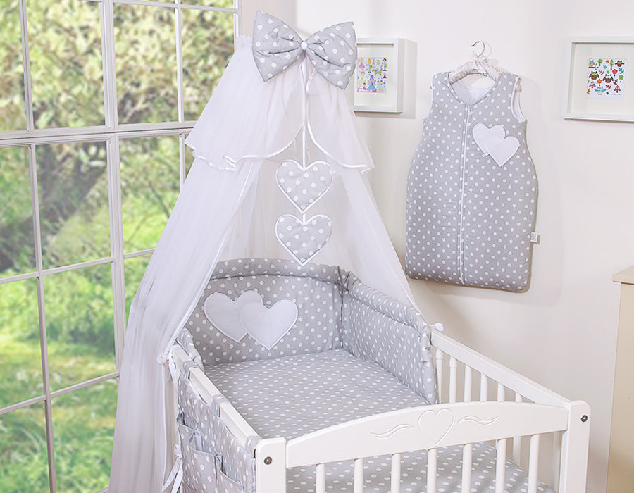 Bedding set 5-pcs with mosquito-net- Hanging Hearts white dots on grey