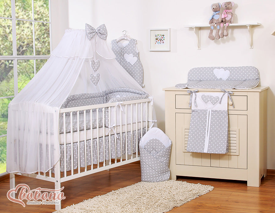 Bedding set 5-pcs with mosquito-net- Hanging Hearts white dots on grey