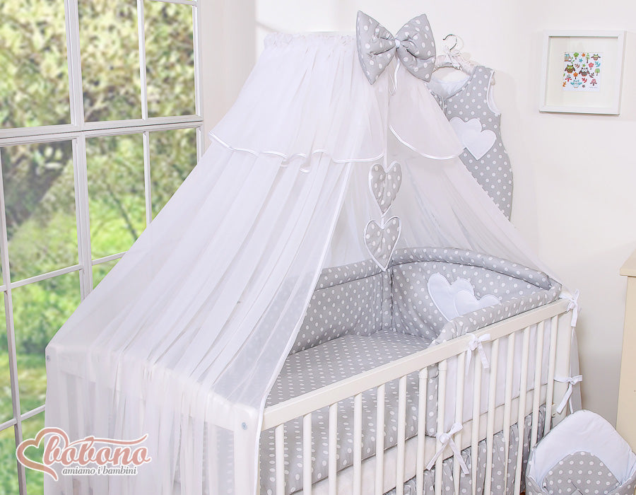 Bedding set 5-pcs with mosquito-net- Hanging Hearts white dots on grey