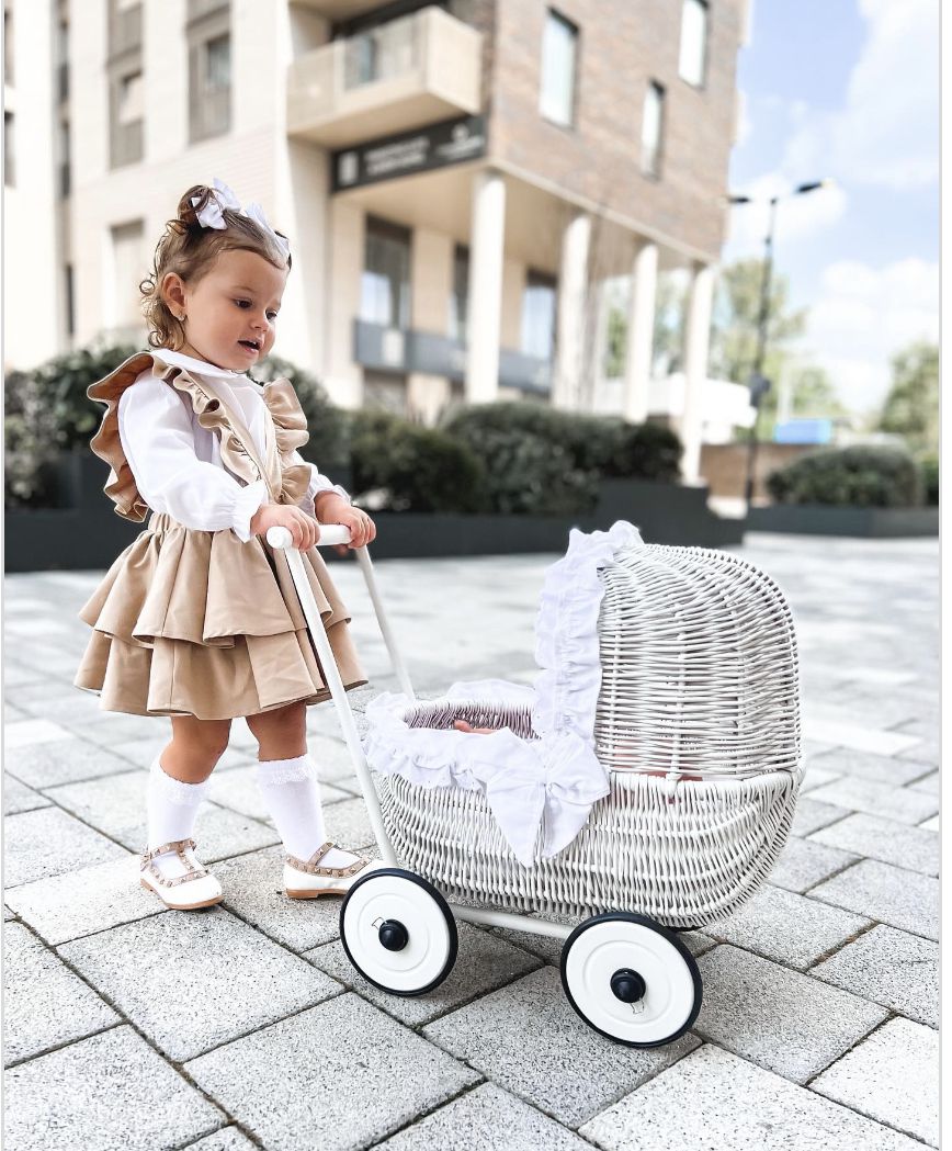 Wicker doll pushchair with bedding white - natural
