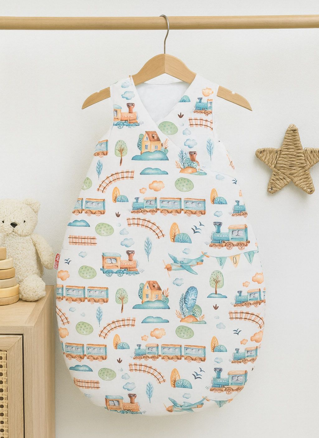 Cotton sleeping bag for children, size M, 3-12 months, TOG 2.5, all-season - turquoise train