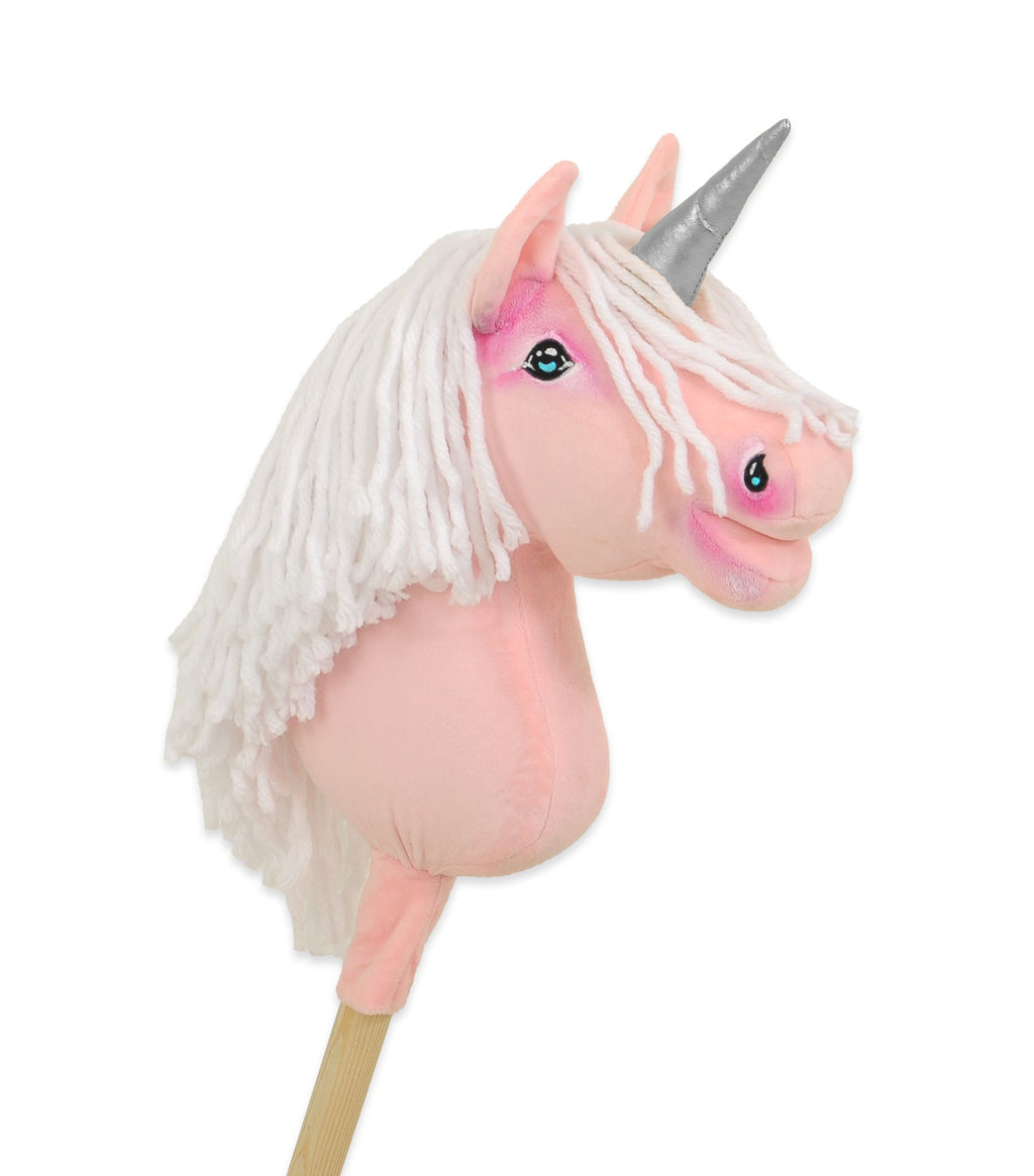 Hobby Horse Unicorn on a stick - pink with white mane and silver horn A4