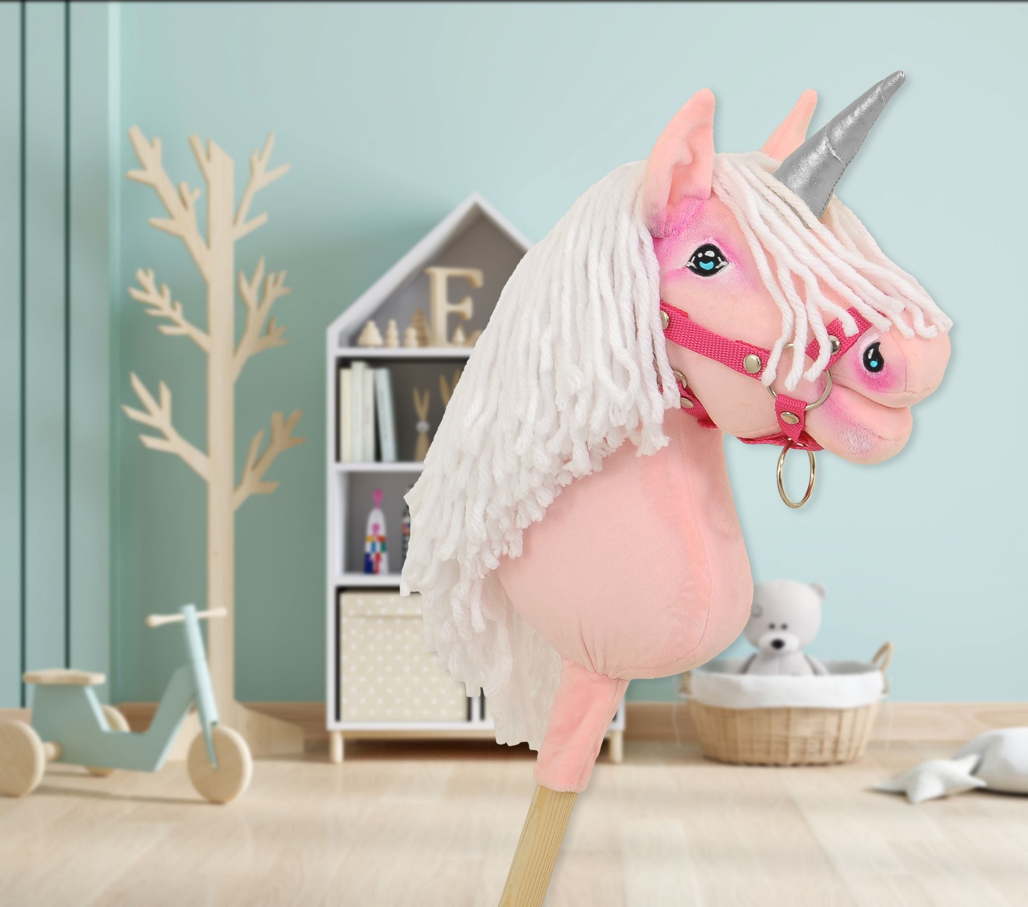 Hobby Horse Unicorn on a stick - pink with white mane and silver horn A4
