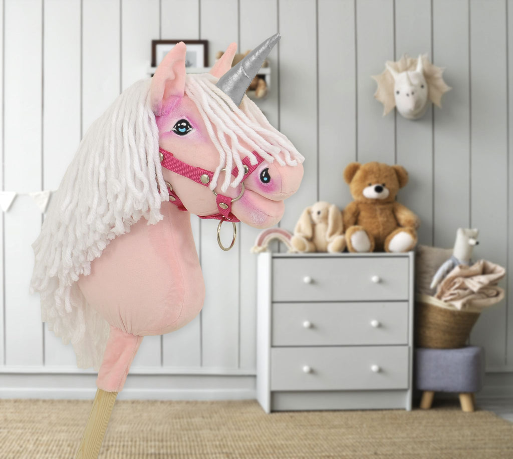Hobby Horse Unicorn on a stick - pink with white mane and silver horn A4