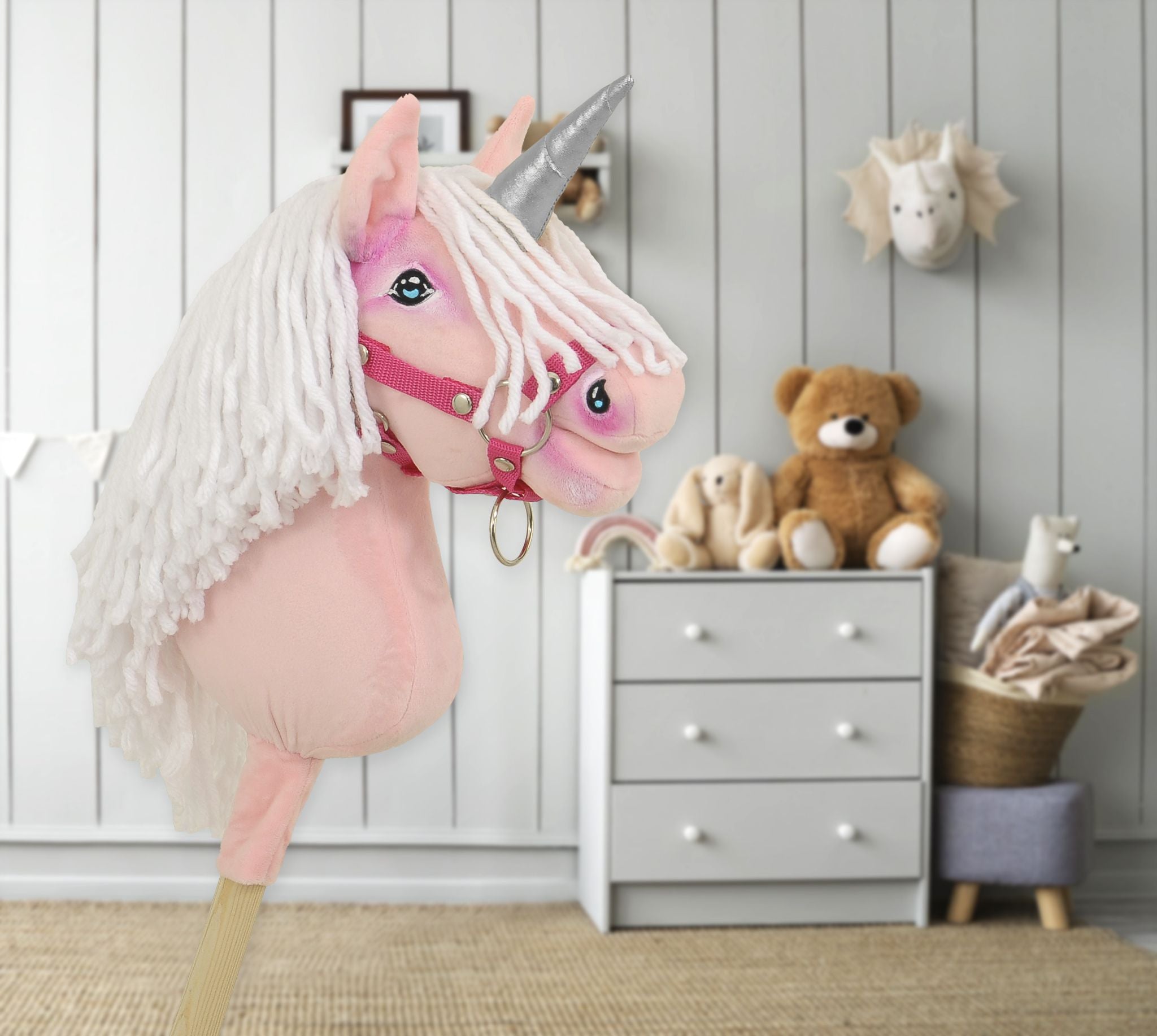 Hobby Horse Unicorn on a stick - pink with white mane and silver horn A4