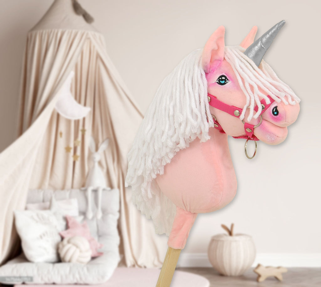 Hobby Horse Unicorn on a stick - pink with white mane and silver horn A4