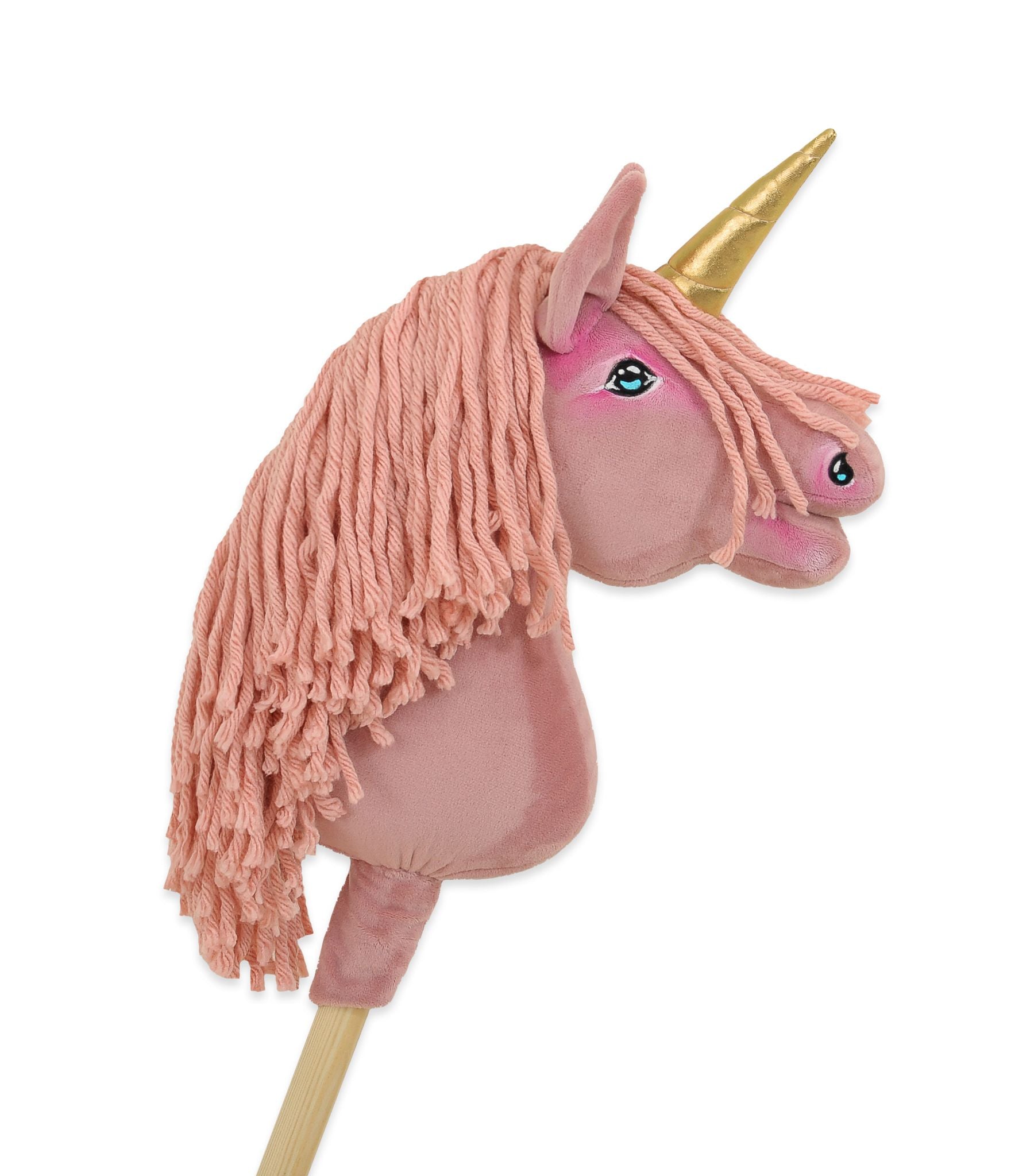 Hobby Horse Unicorn on a stick - pastel pink with pink mane and golden horn A4