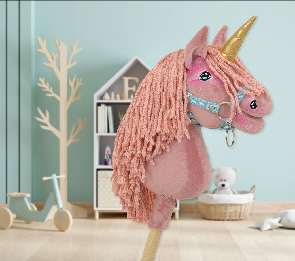 Hobby Horse Unicorn on a stick - pastel pink with pink mane and golden horn A4