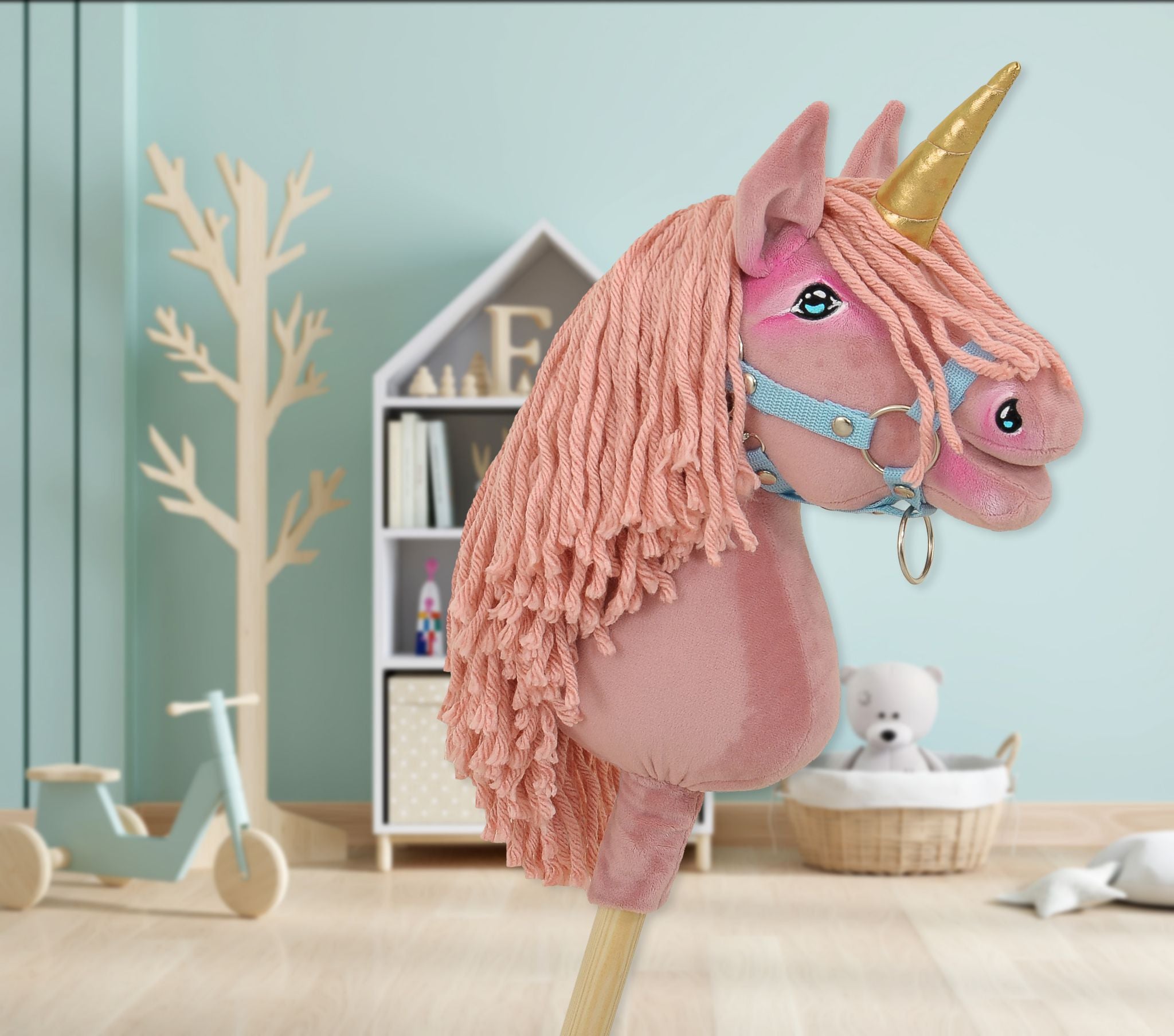 Hobby Horse Unicorn on a stick - pastel pink with pink mane and golden horn A4