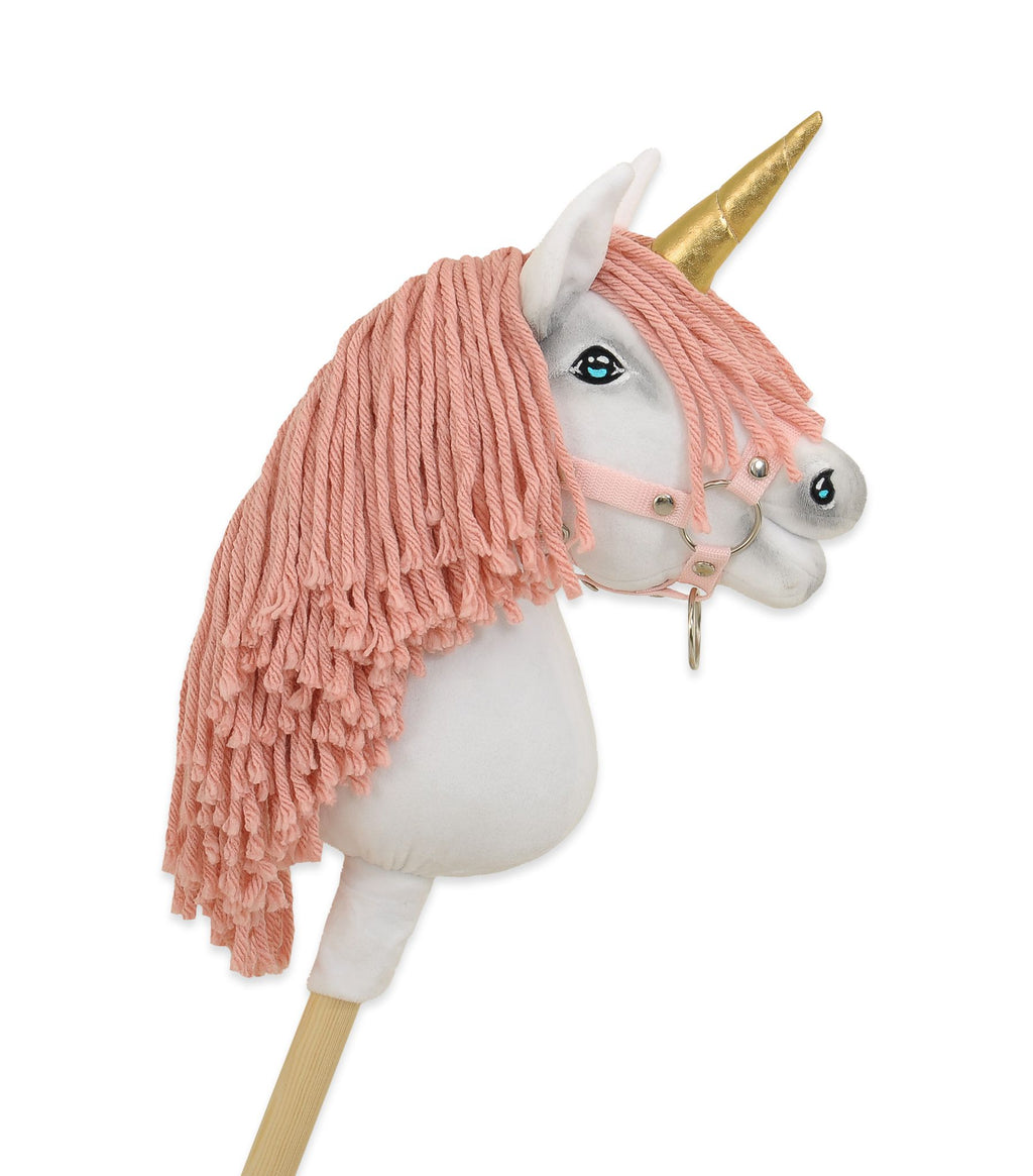 Hobby Horse Unicorn on a stick - white with pastel pink mane and gold horn A4