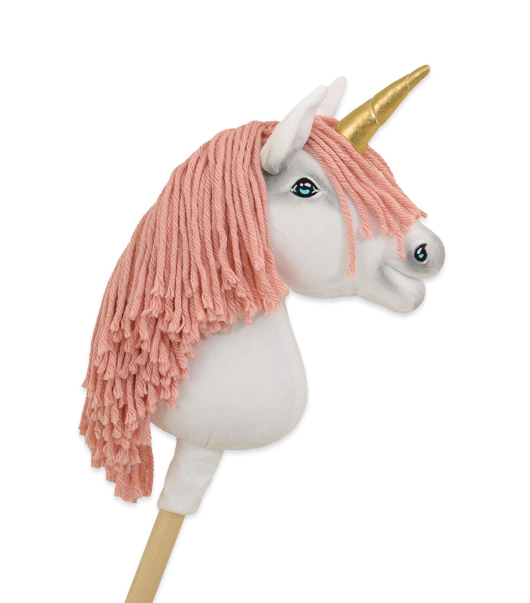 Hobby Horse Unicorn on a stick - white with pastel pink mane and gold horn A4