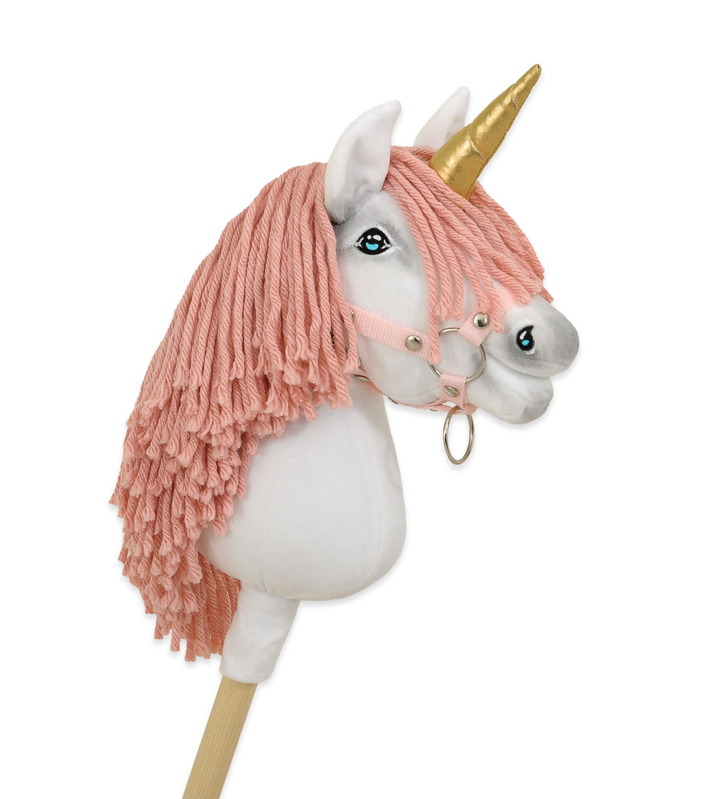 Hobby Horse Unicorn on a stick - white with pastel pink mane and gold horn A4
