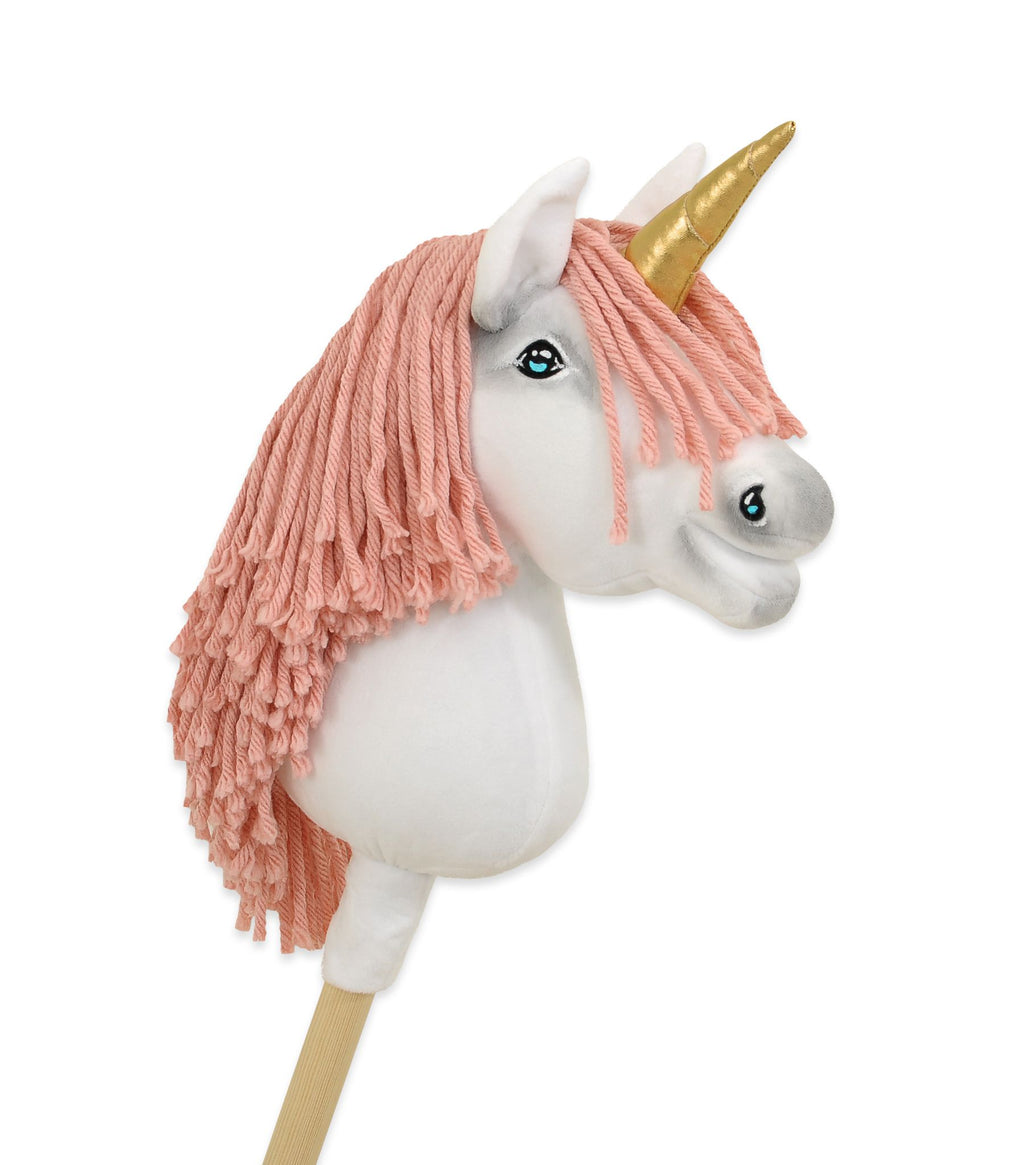 Hobby Horse Unicorn on a stick - white with pastel pink mane and gold horn A4