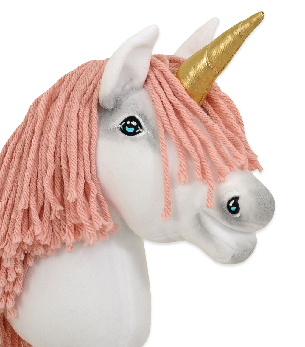 Hobby Horse Unicorn on a stick - white with pastel pink mane and gold horn A4