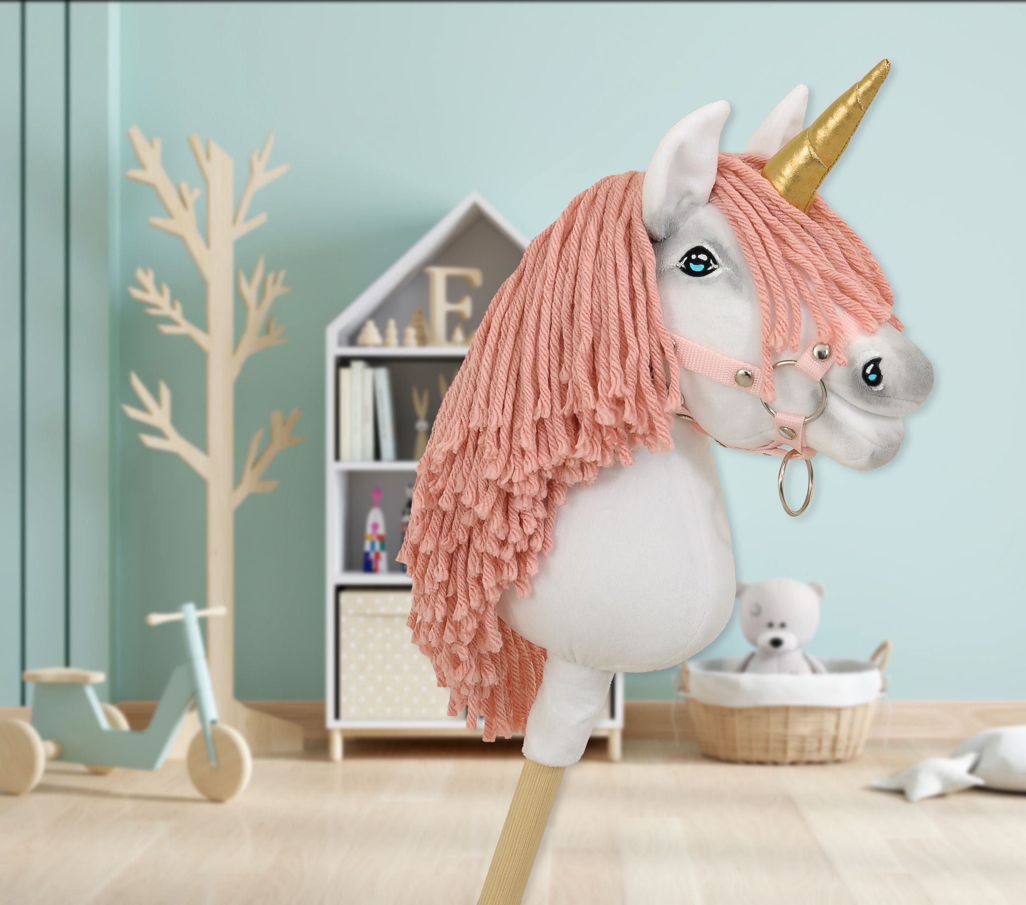 Hobby Horse Unicorn on a stick - white with pastel pink mane and gold horn A4