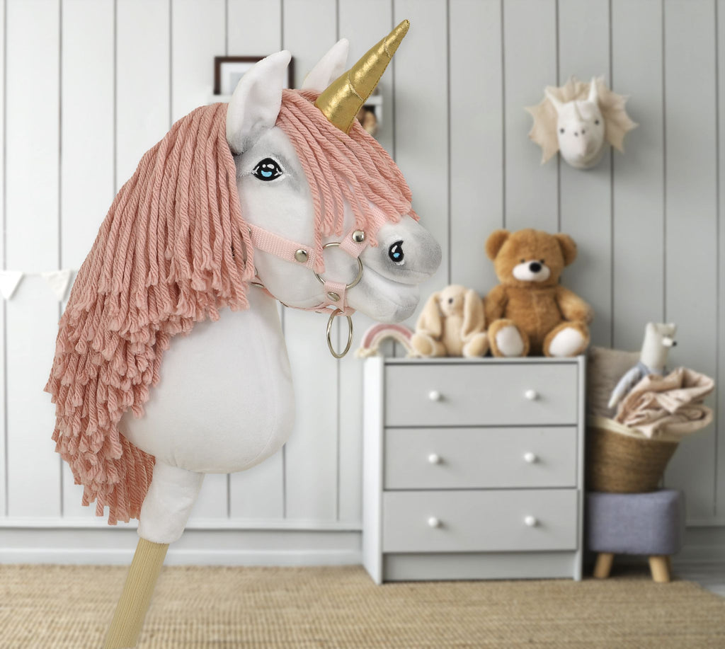 Hobby Horse Unicorn on a stick - white with pastel pink mane and gold horn A4