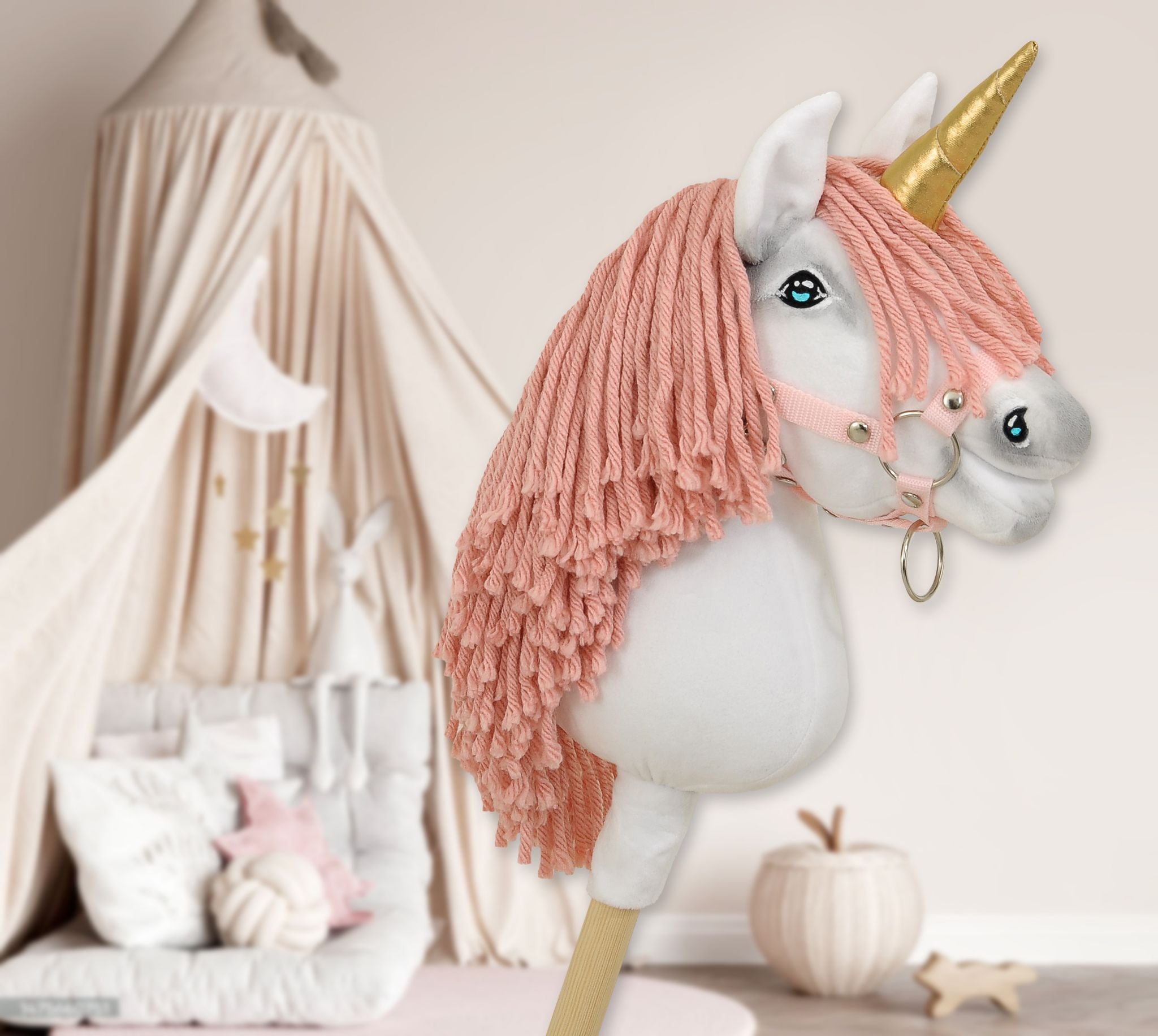 Hobby Horse Unicorn on a stick - white with pastel pink mane and gold horn A4