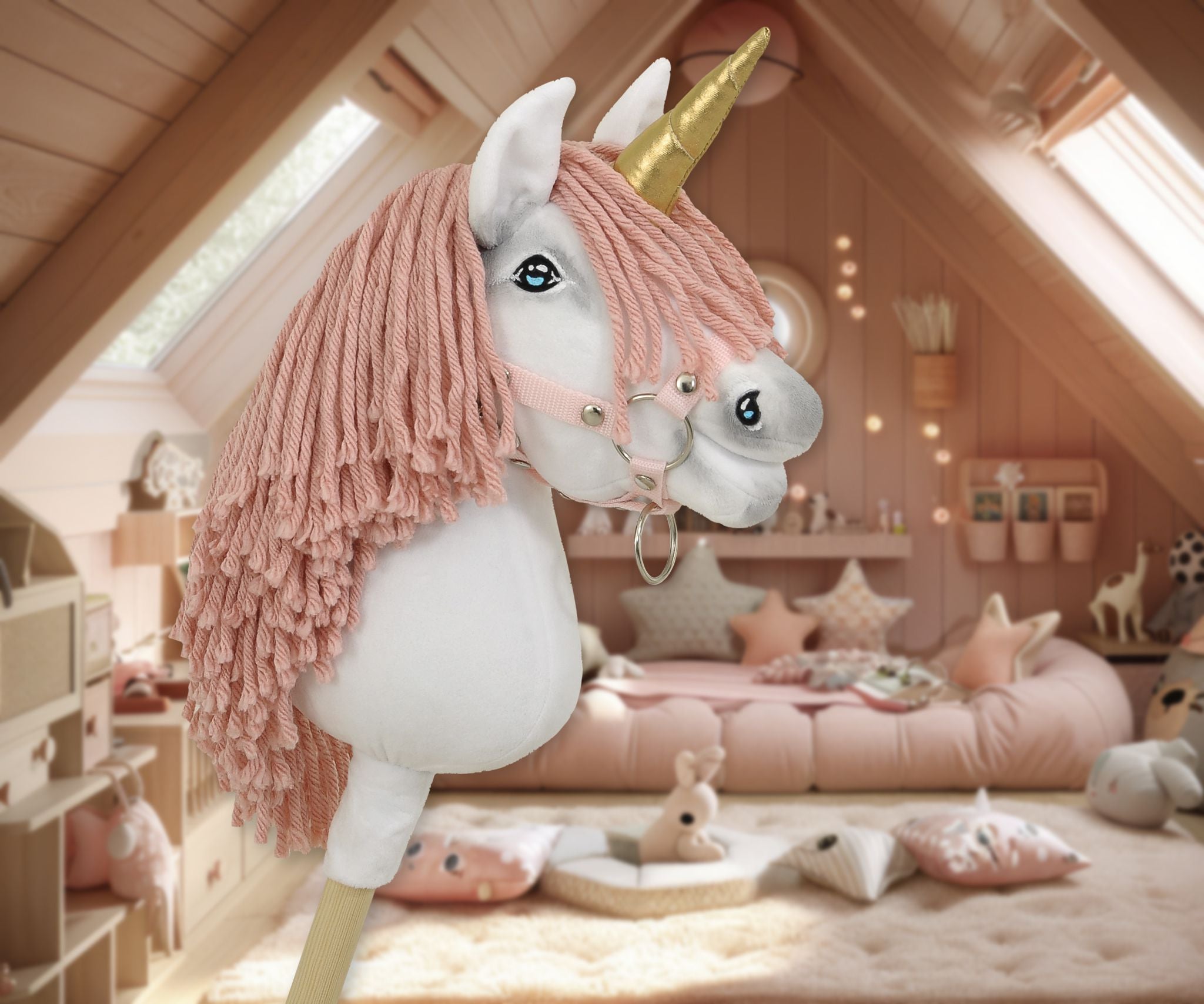 Hobby Horse Unicorn on a stick - white with pastel pink mane and gold horn A4