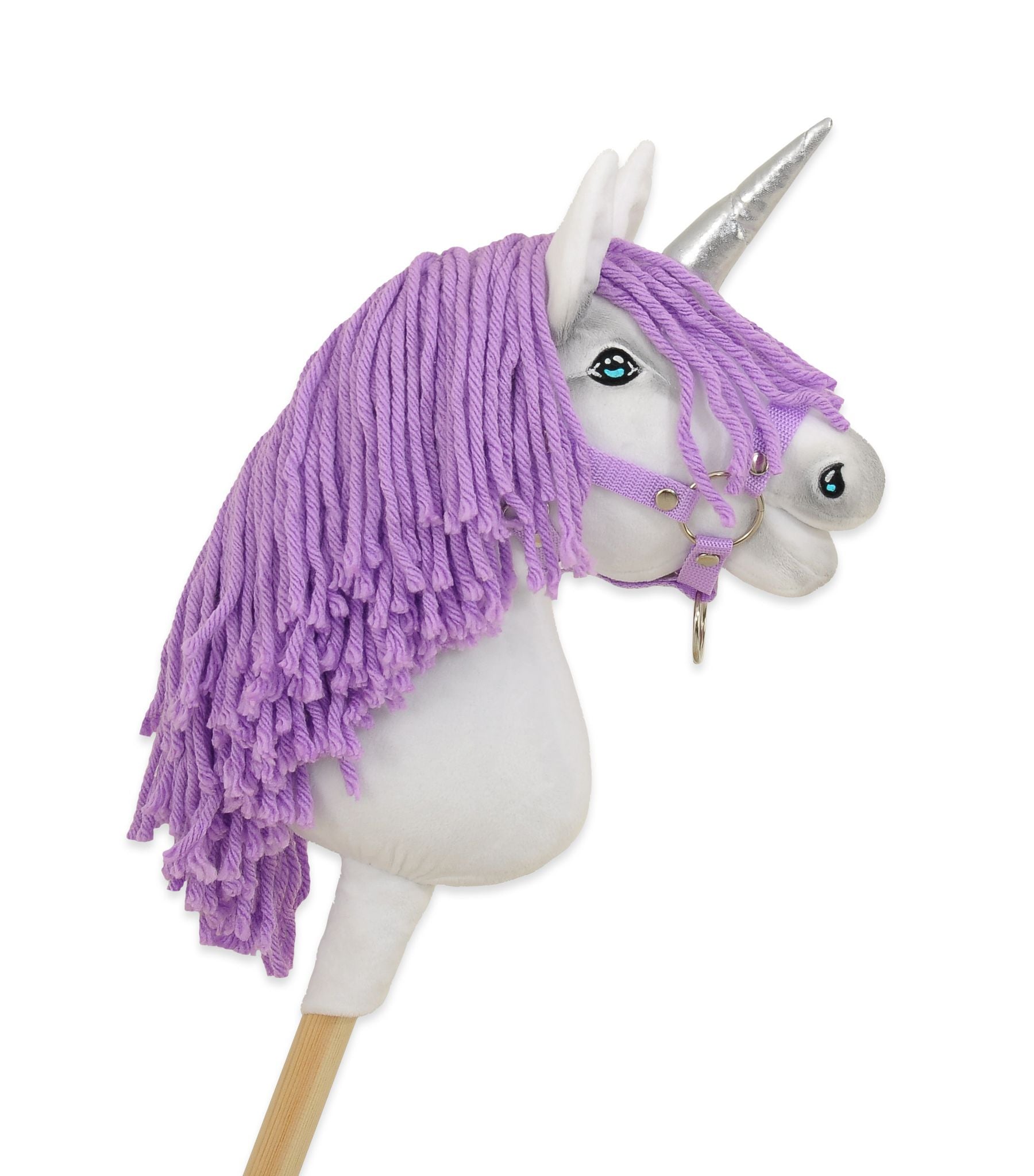 Hobby Horse Unicorn on a stick - white with lila mane and silver horn A4