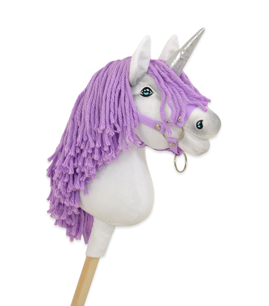 Hobby Horse Unicorn on a stick - white with lila mane and silver horn A4