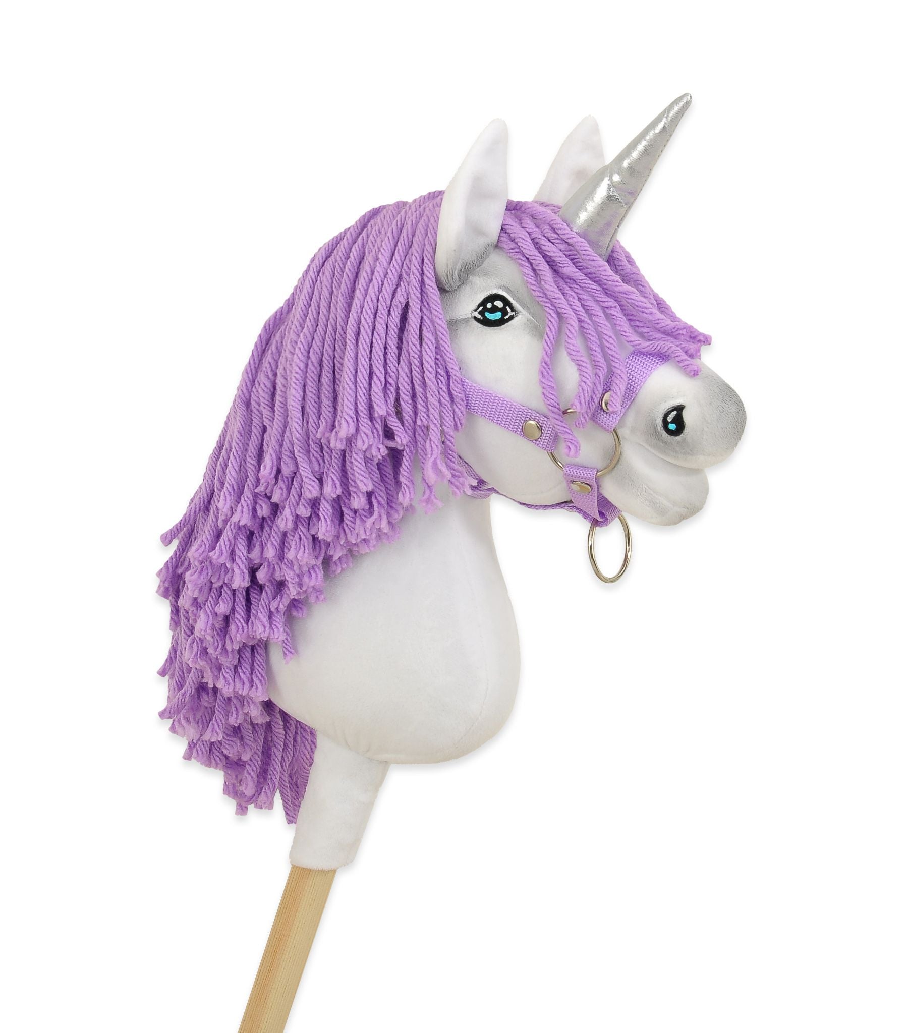 Hobby Horse Unicorn on a stick - white with lila mane and silver horn A4
