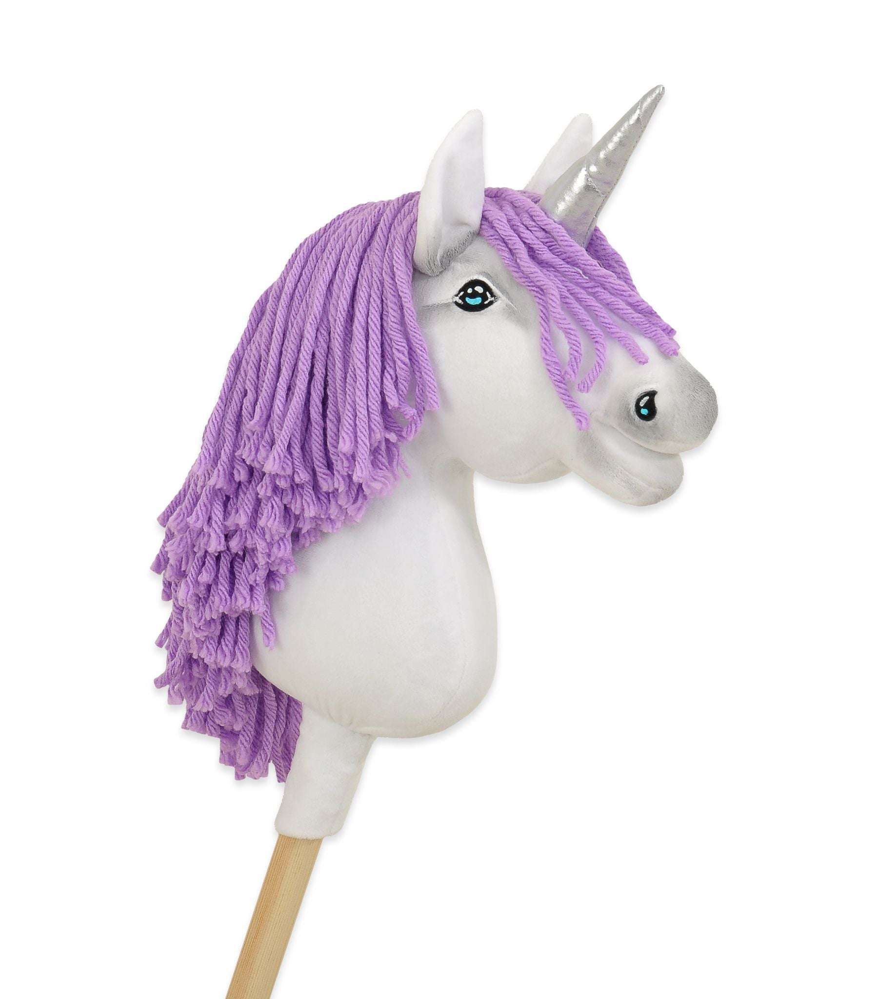 Hobby Horse Unicorn on a stick - white with lila mane and silver horn A4
