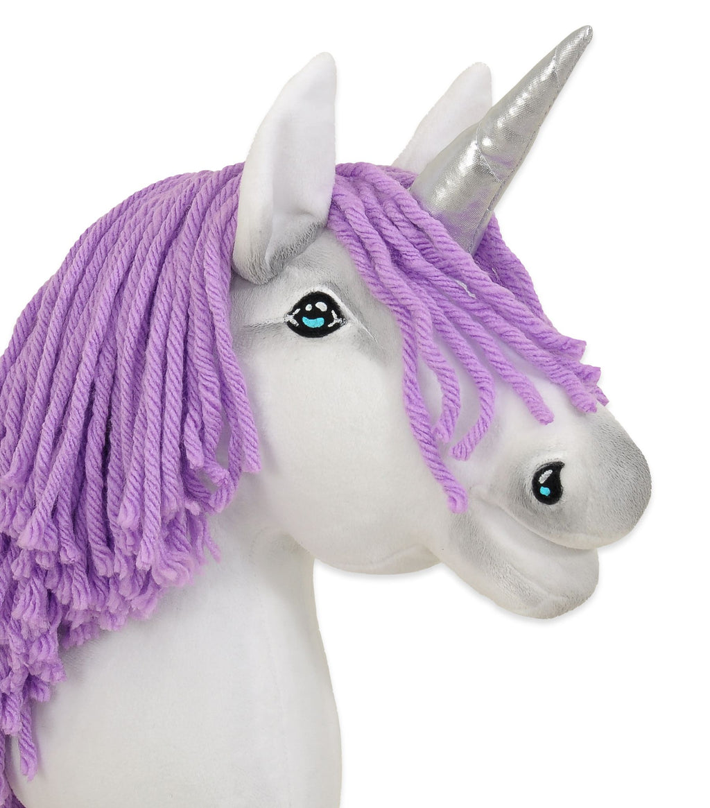 Hobby Horse Unicorn on a stick - white with lila mane and silver horn A4