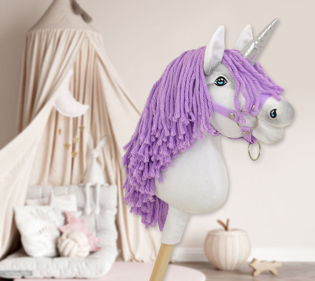 Hobby Horse Unicorn on a stick - white with lila mane and silver horn A4