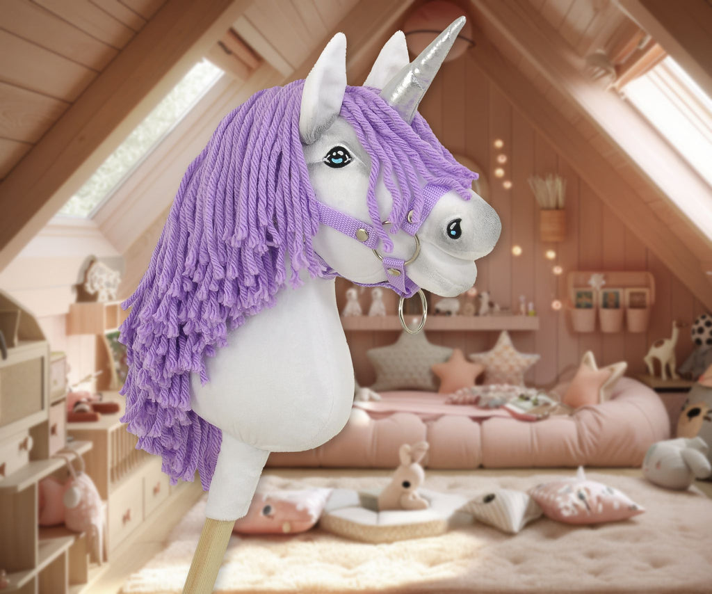 Hobby Horse Unicorn on a stick - white with lila mane and silver horn A4