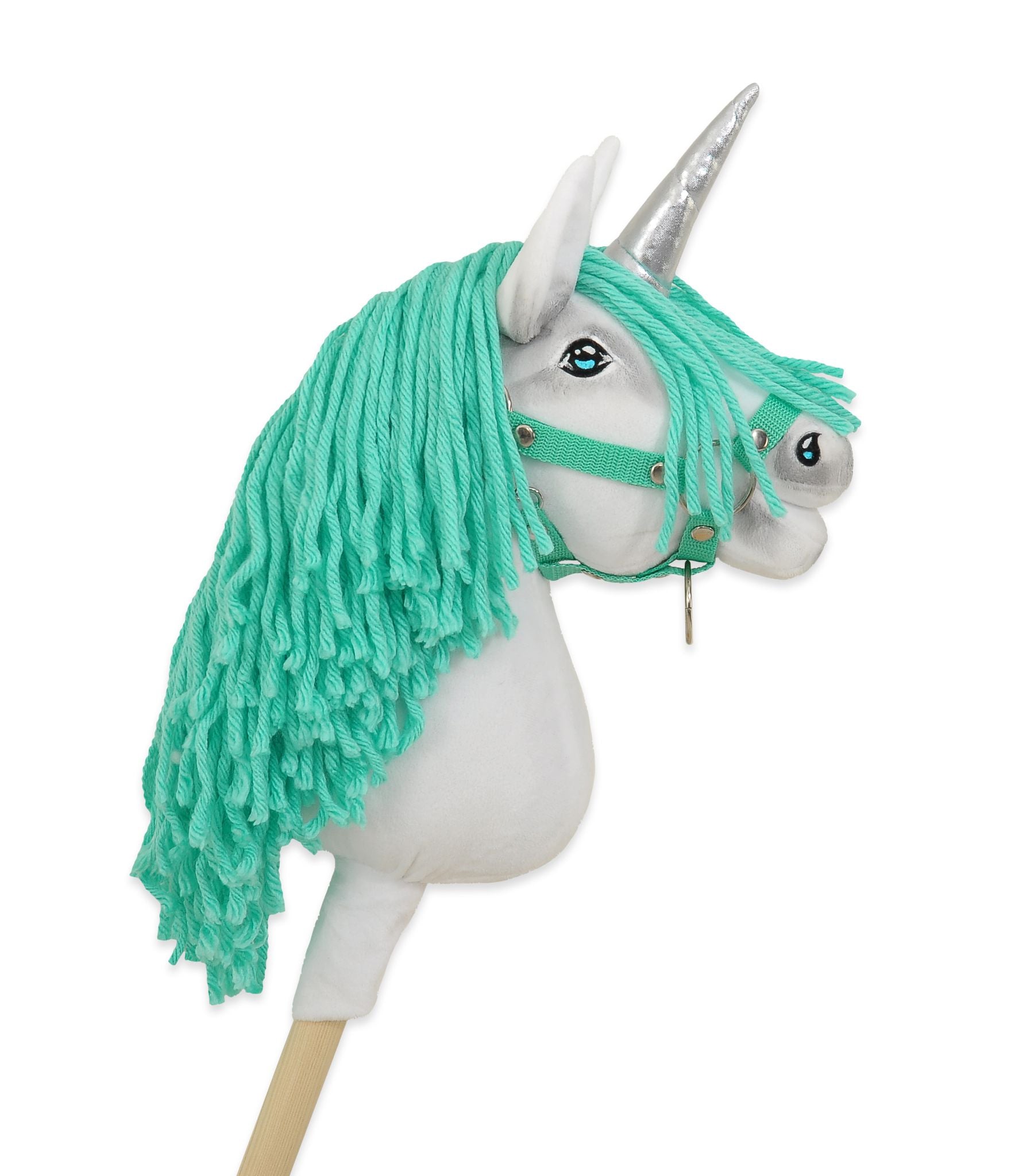 Hobby Horse Unicorn on a stick - white with mint mane and silver horn A4