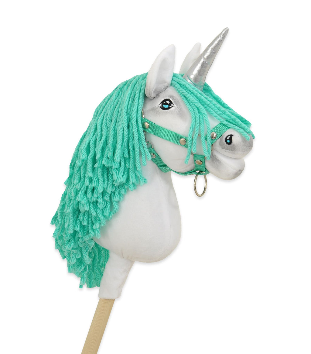 Hobby Horse Unicorn on a stick - white with mint mane and silver horn A4