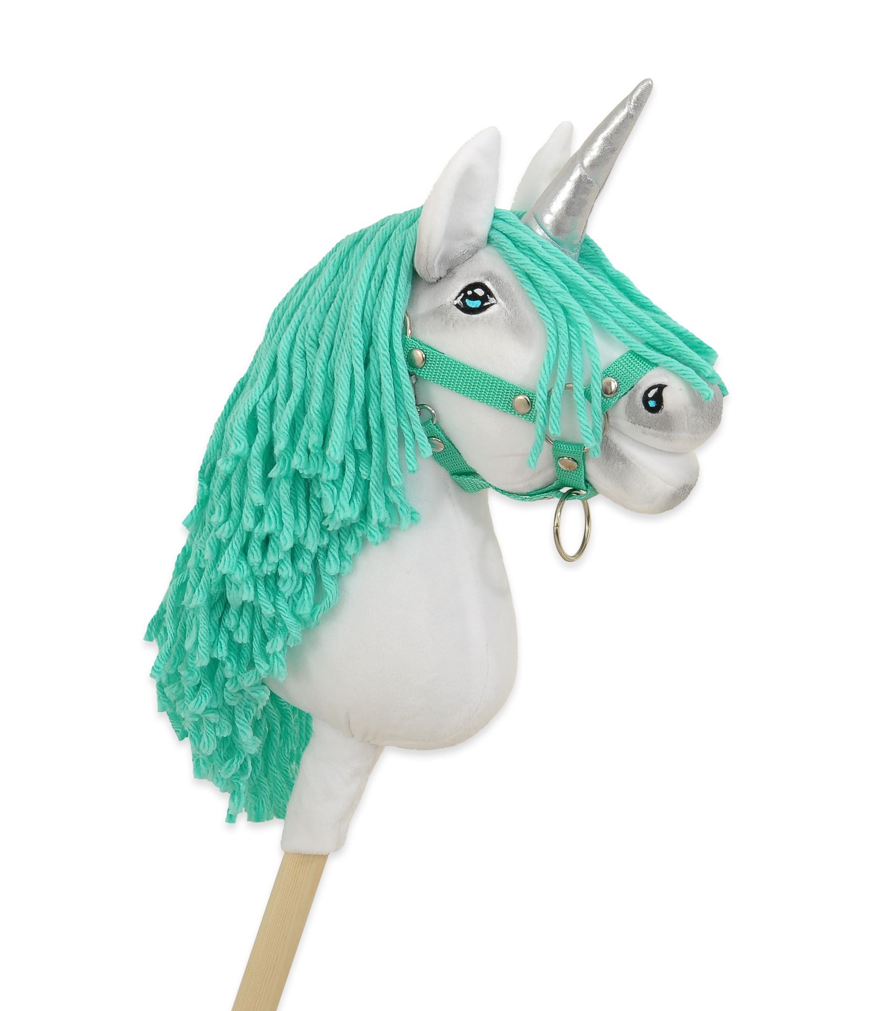 Hobby Horse Unicorn on a stick - white with mint mane and silver horn A4