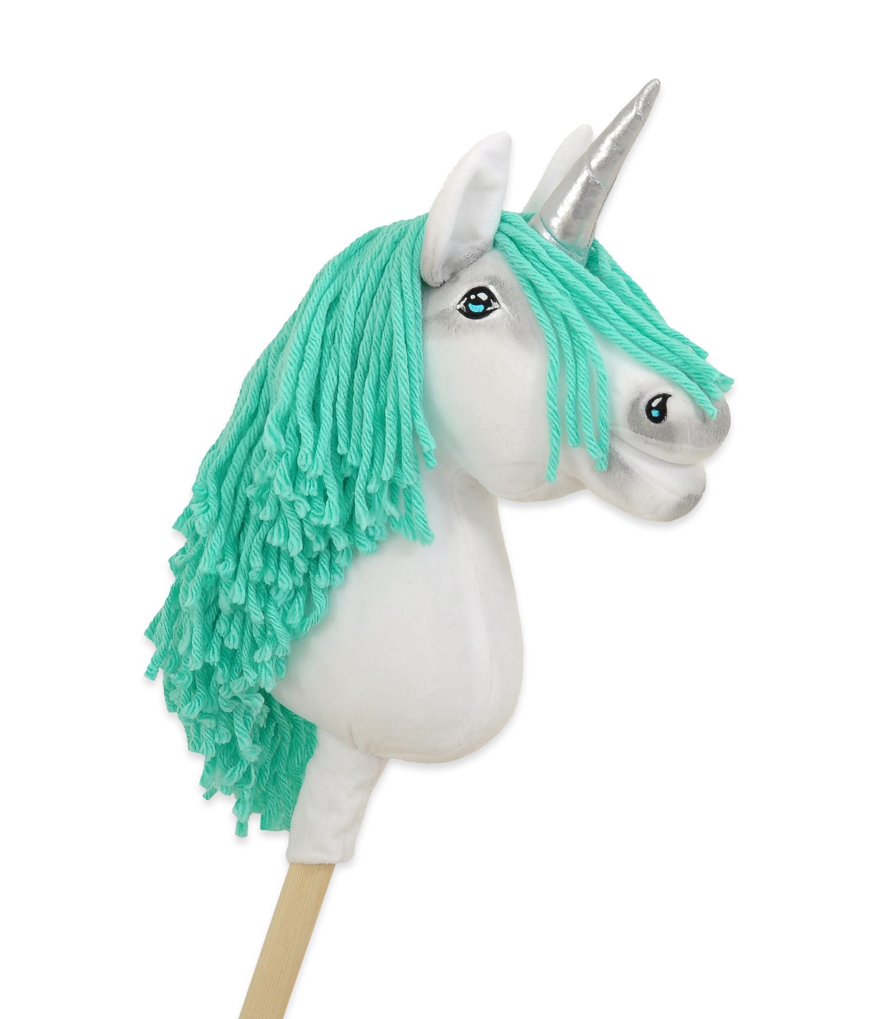 Hobby Horse Unicorn on a stick - white with mint mane and silver horn A4