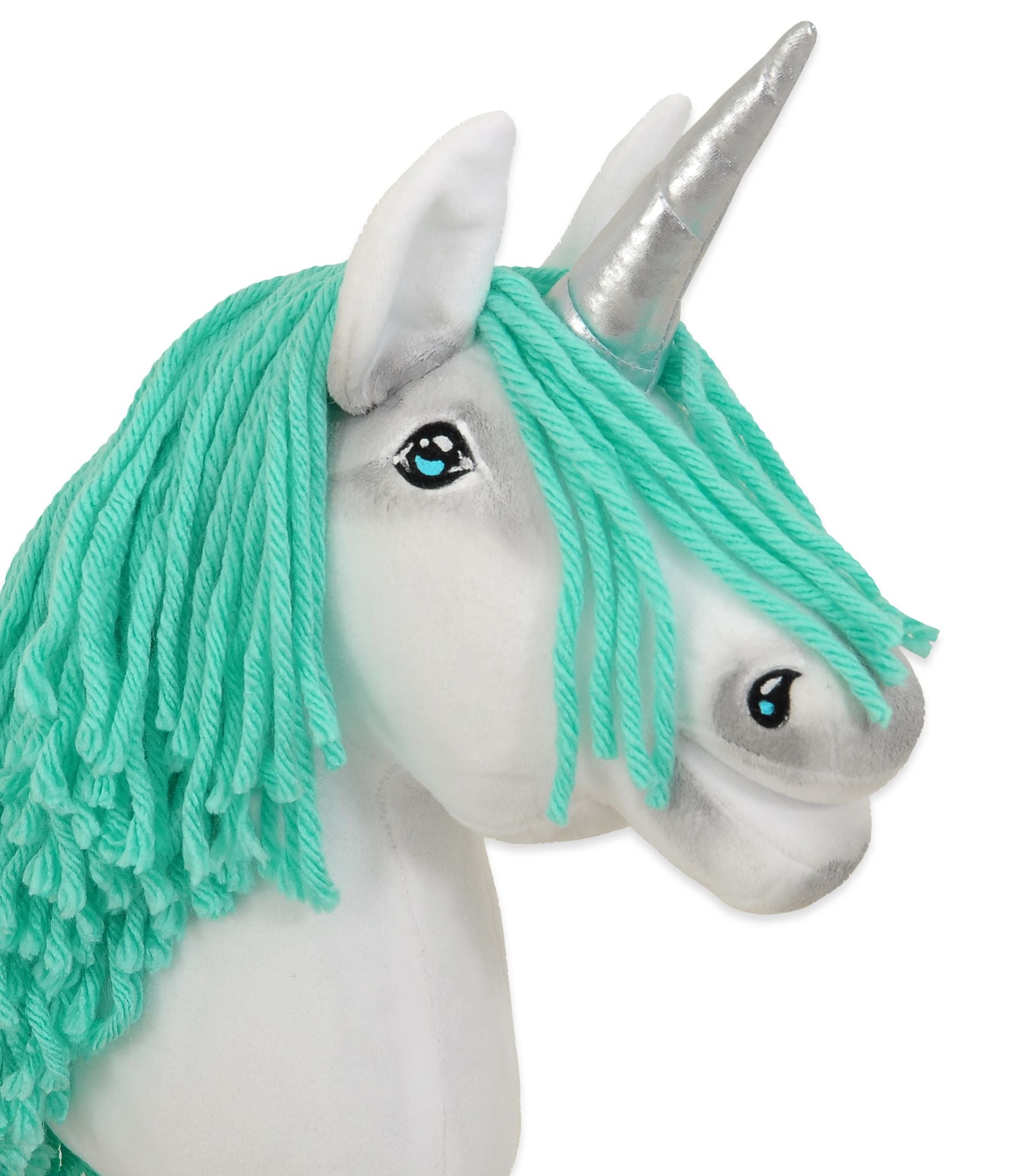 Hobby Horse Unicorn on a stick - white with mint mane and silver horn A4