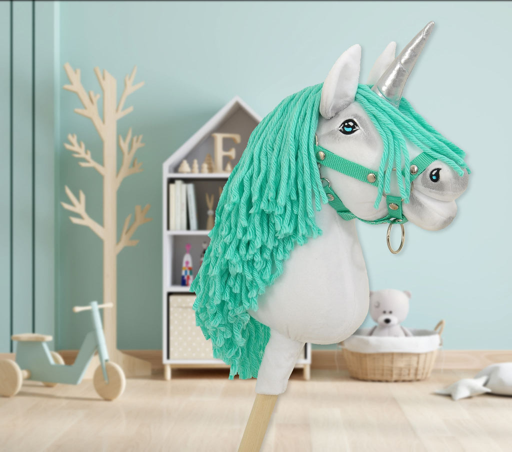 Hobby Horse Unicorn on a stick - white with mint mane and silver horn A4