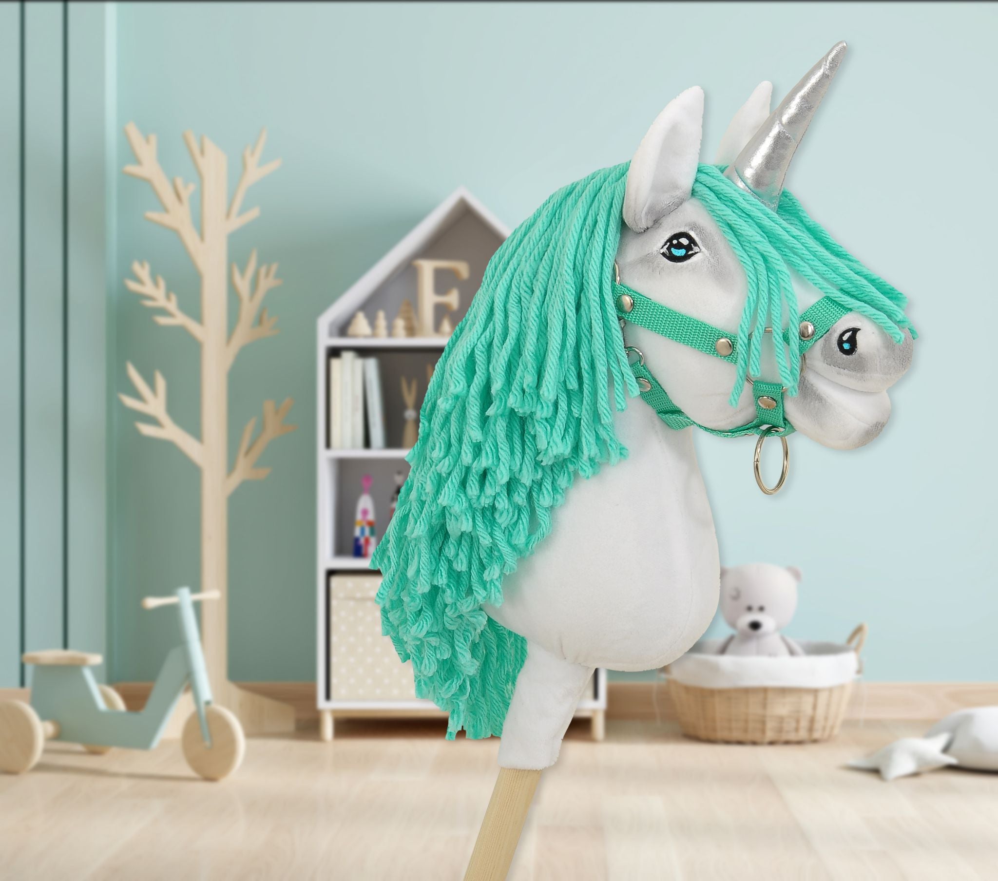 Hobby Horse Unicorn on a stick - white with mint mane and silver horn A4