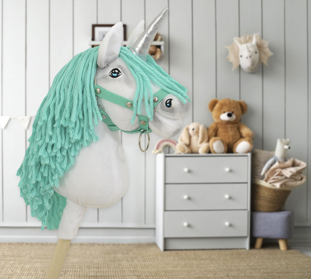 Hobby Horse Unicorn on a stick - white with mint mane and silver horn A4