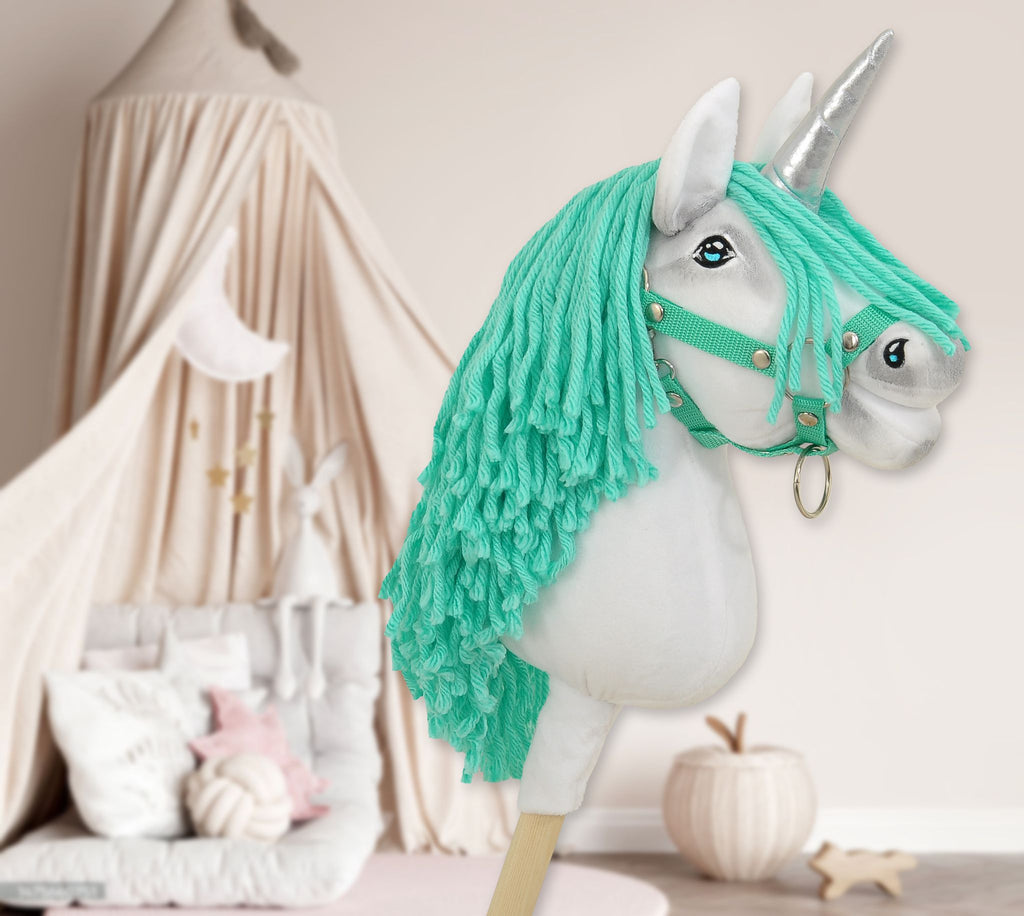 Hobby Horse Unicorn on a stick - white with mint mane and silver horn A4