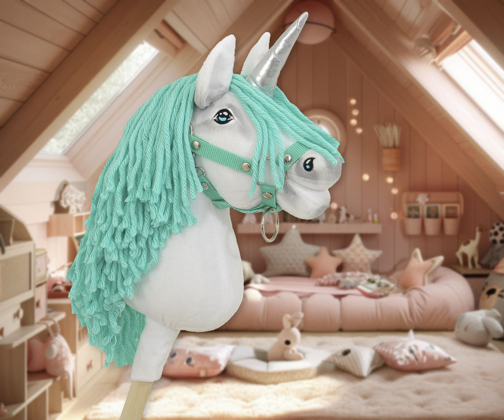 Hobby Horse Unicorn on a stick - white with mint mane and silver horn A4