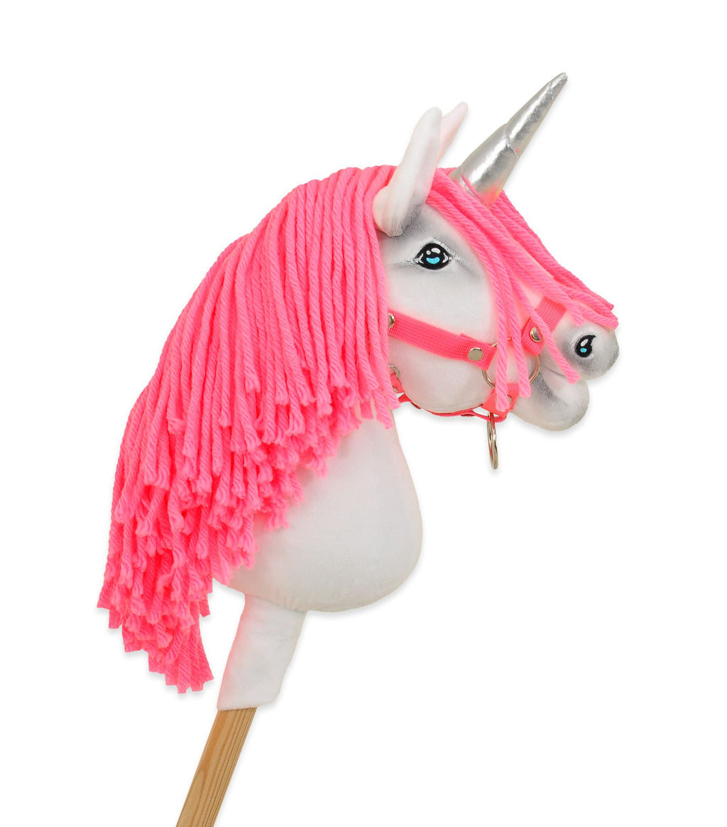 Hobby Horse Unicorn on a stick - white with neon pink mane and silver horn A4