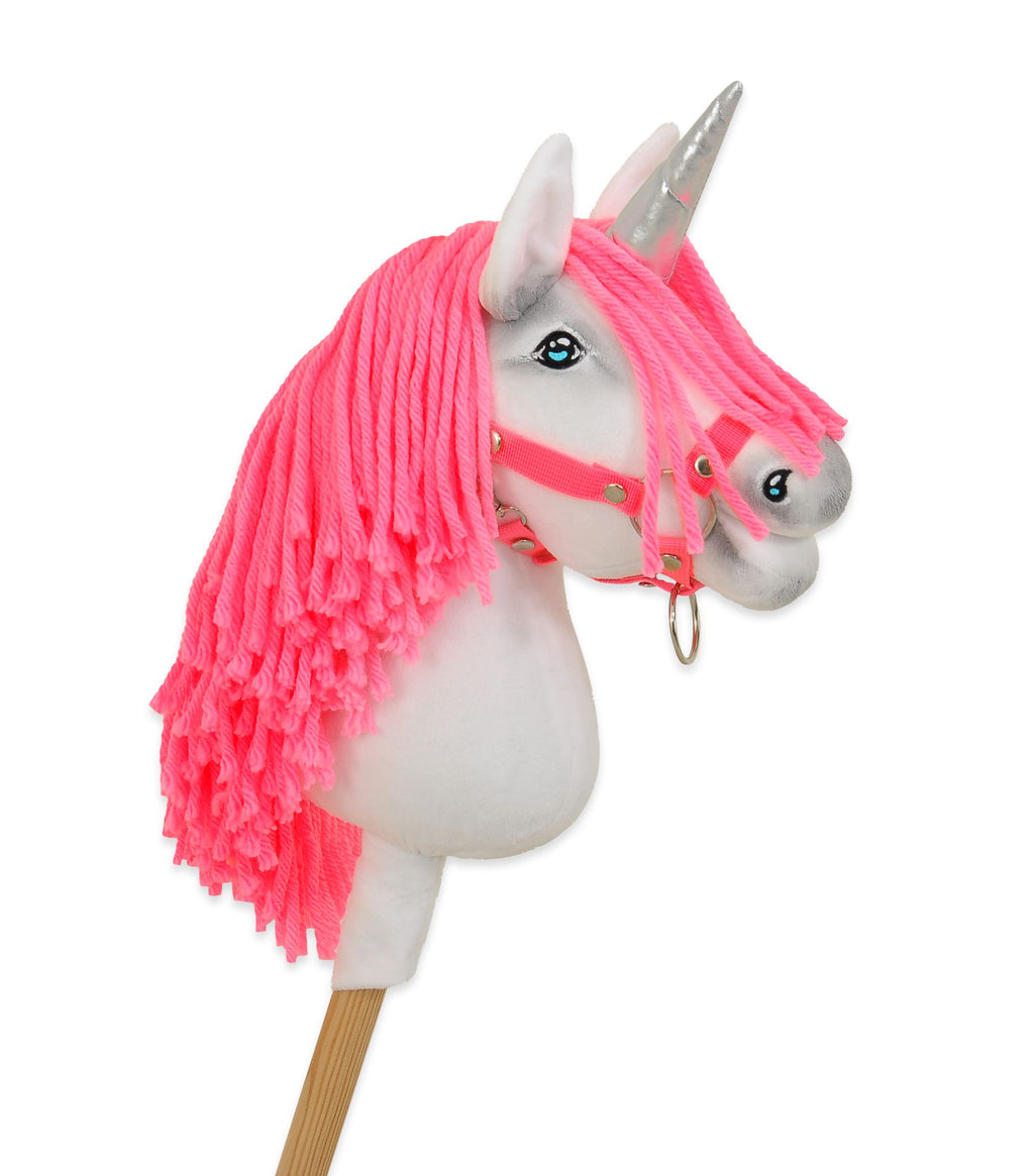 Hobby Horse Unicorn on a stick - white with neon pink mane and silver horn A4
