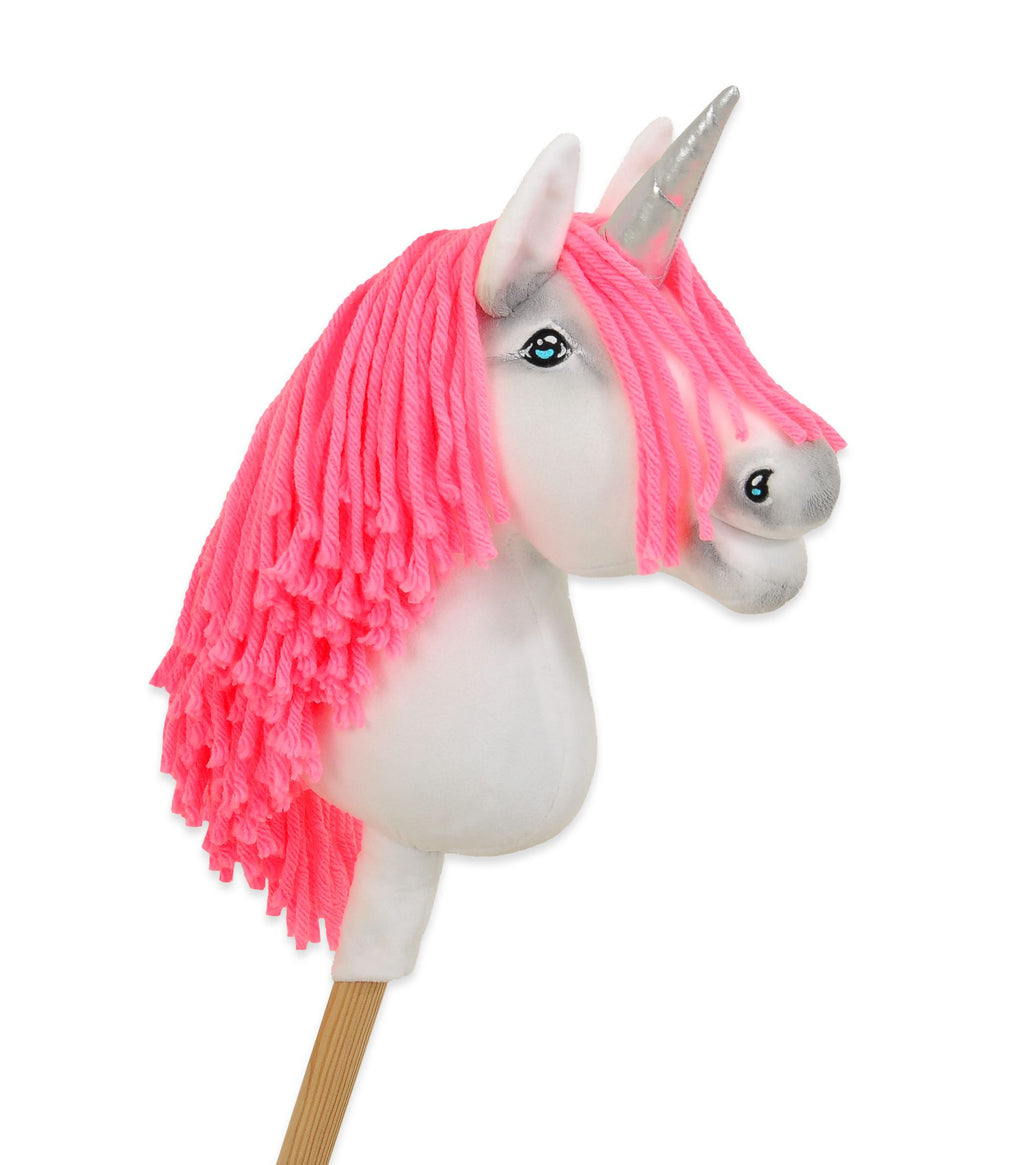 Hobby Horse Unicorn on a stick - white with neon pink mane and silver horn A4