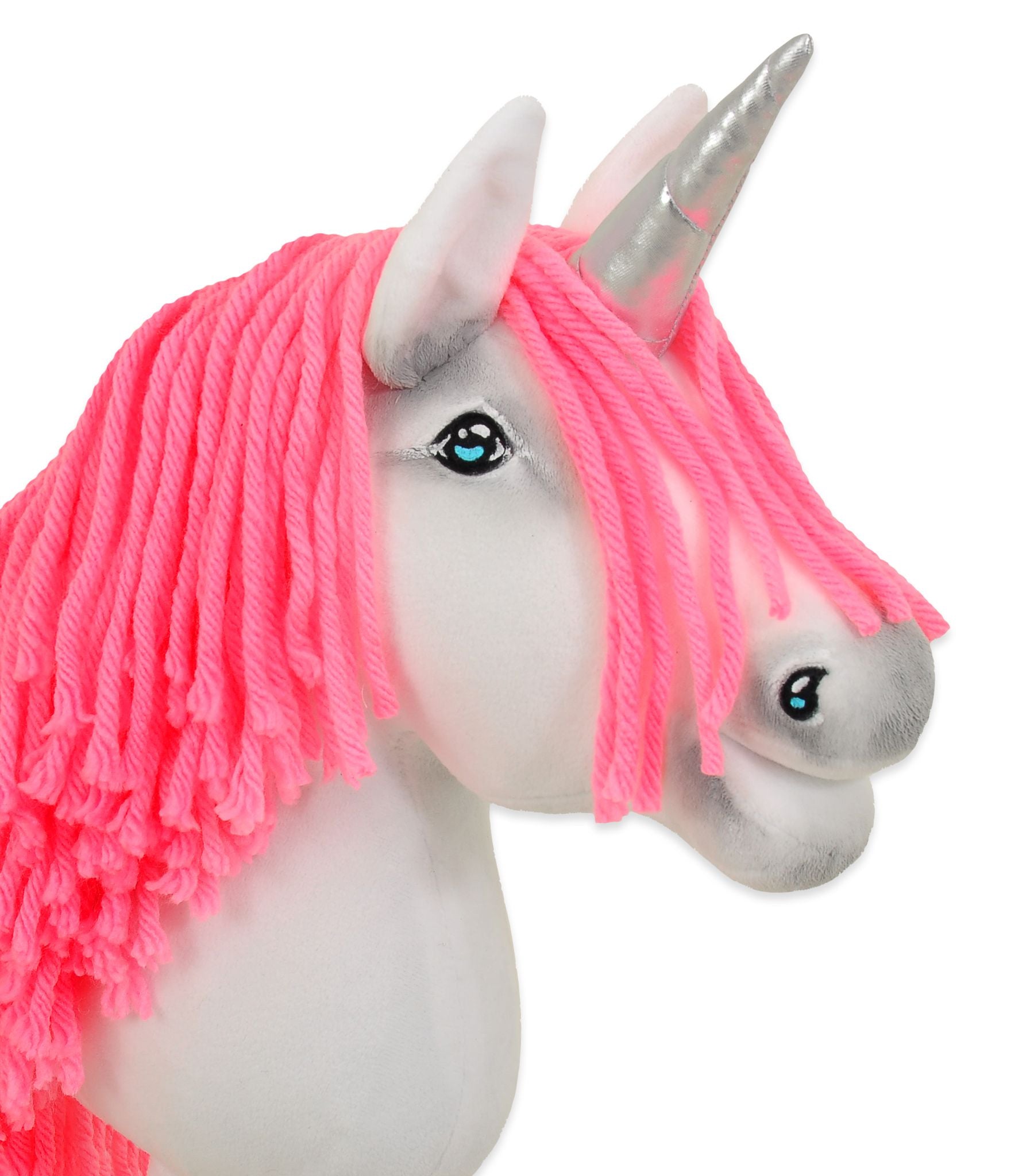 Hobby Horse Unicorn on a stick - white with neon pink mane and silver horn A4